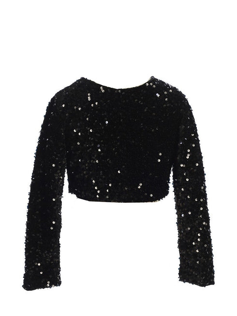 Girls Black Sparkle Sequin Long Sleeve Velvet Bolero 2-14 back SophiasStyle.com